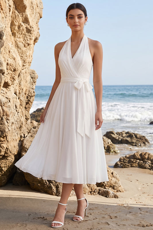 White A-Line Halter Chiffon Midi Beach Wedding Dress with Sash