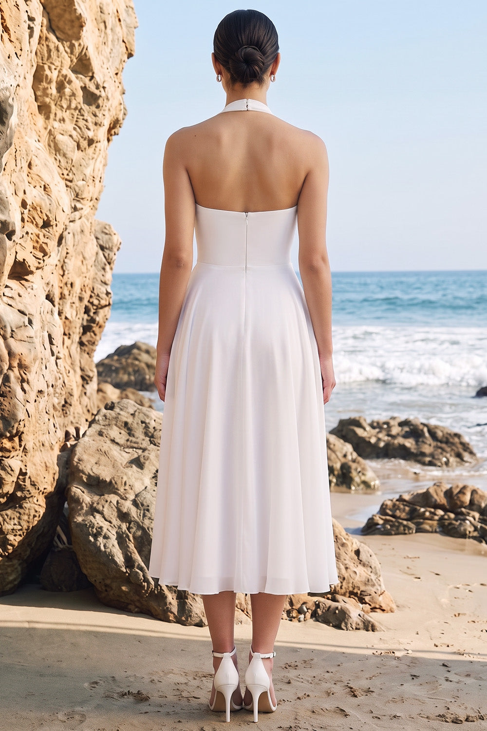 White A-Line Halter Chiffon Midi Beach Wedding Dress with Sash