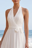 White A-Line Halter Chiffon Midi Beach Wedding Dress with Sash
