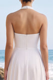 White A-Line Halter Chiffon Midi Beach Wedding Dress with Sash