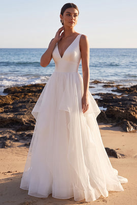 White A-Line Tiered Sweep Train Ruffled Organza Beach Wedding Dress