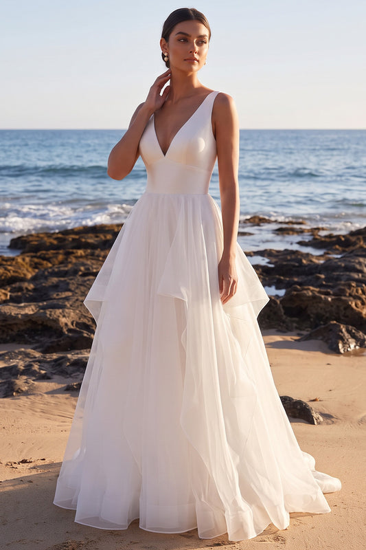 White A-Line Tiered Sweep Train Ruffled Organza Beach Wedding Dress