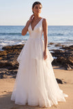 White A-Line Tiered Sweep Train Ruffled Organza Beach Wedding Dress