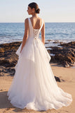 White A-Line Tiered Sweep Train Ruffled Organza Beach Wedding Dress