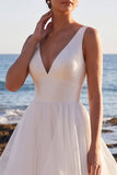 White A-Line Tiered Sweep Train Ruffled Organza Beach Wedding Dress