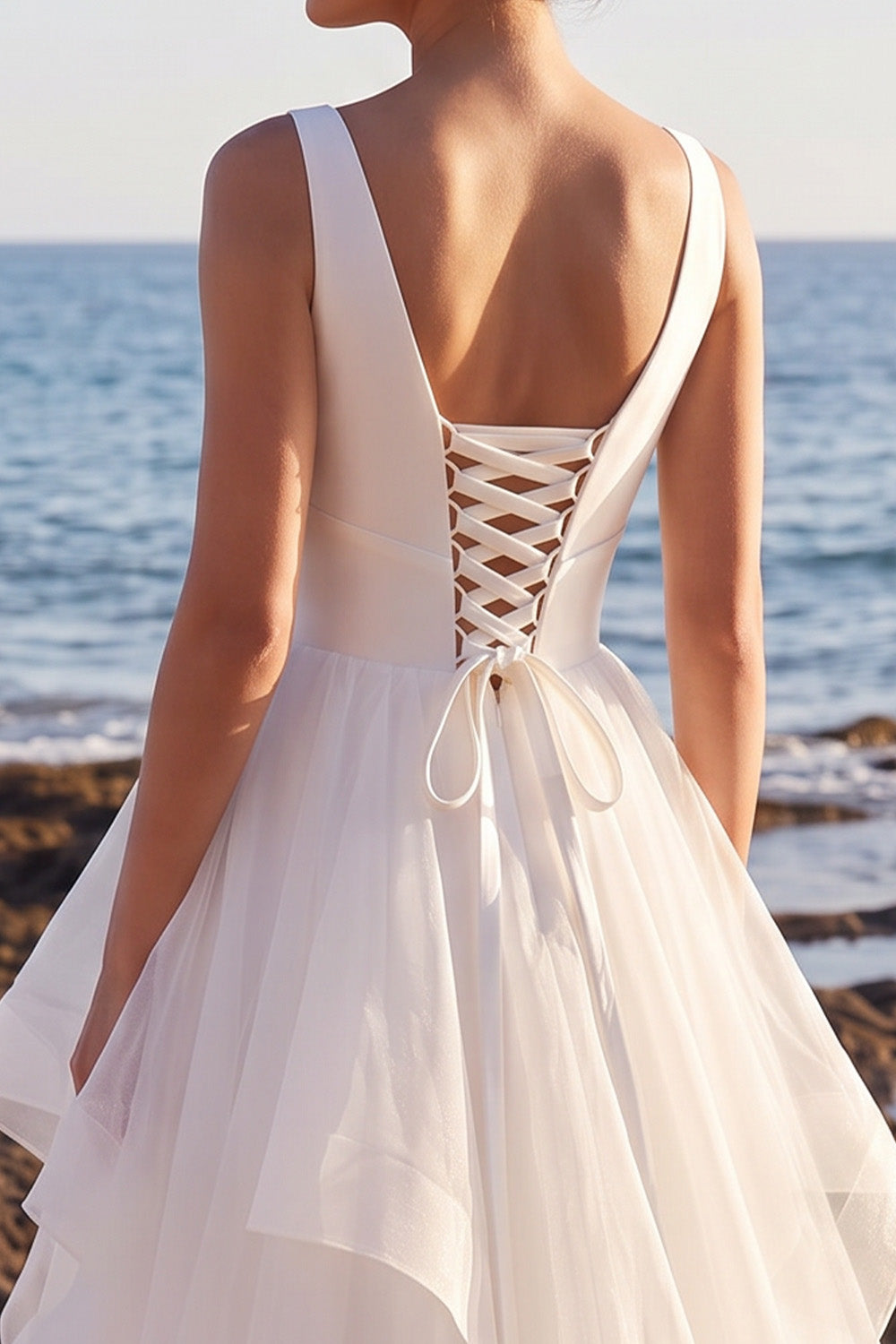 White A-Line Tiered Sweep Train Ruffled Organza Beach Wedding Dress