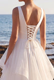White A-Line Tiered Sweep Train Ruffled Organza Beach Wedding Dress