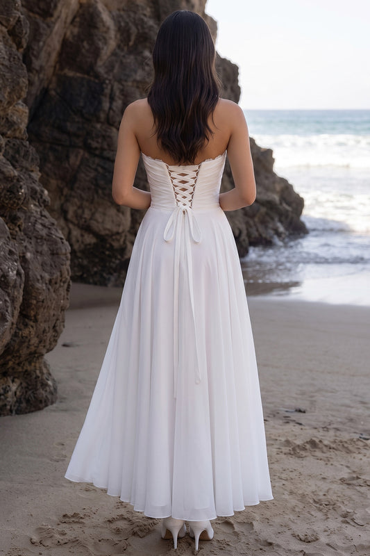 White Chiffon Sweetheart A Line Ruched Long Beach Wedding Dress