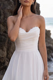 White Chiffon Sweetheart A Line Ruched Long Beach Wedding Dress