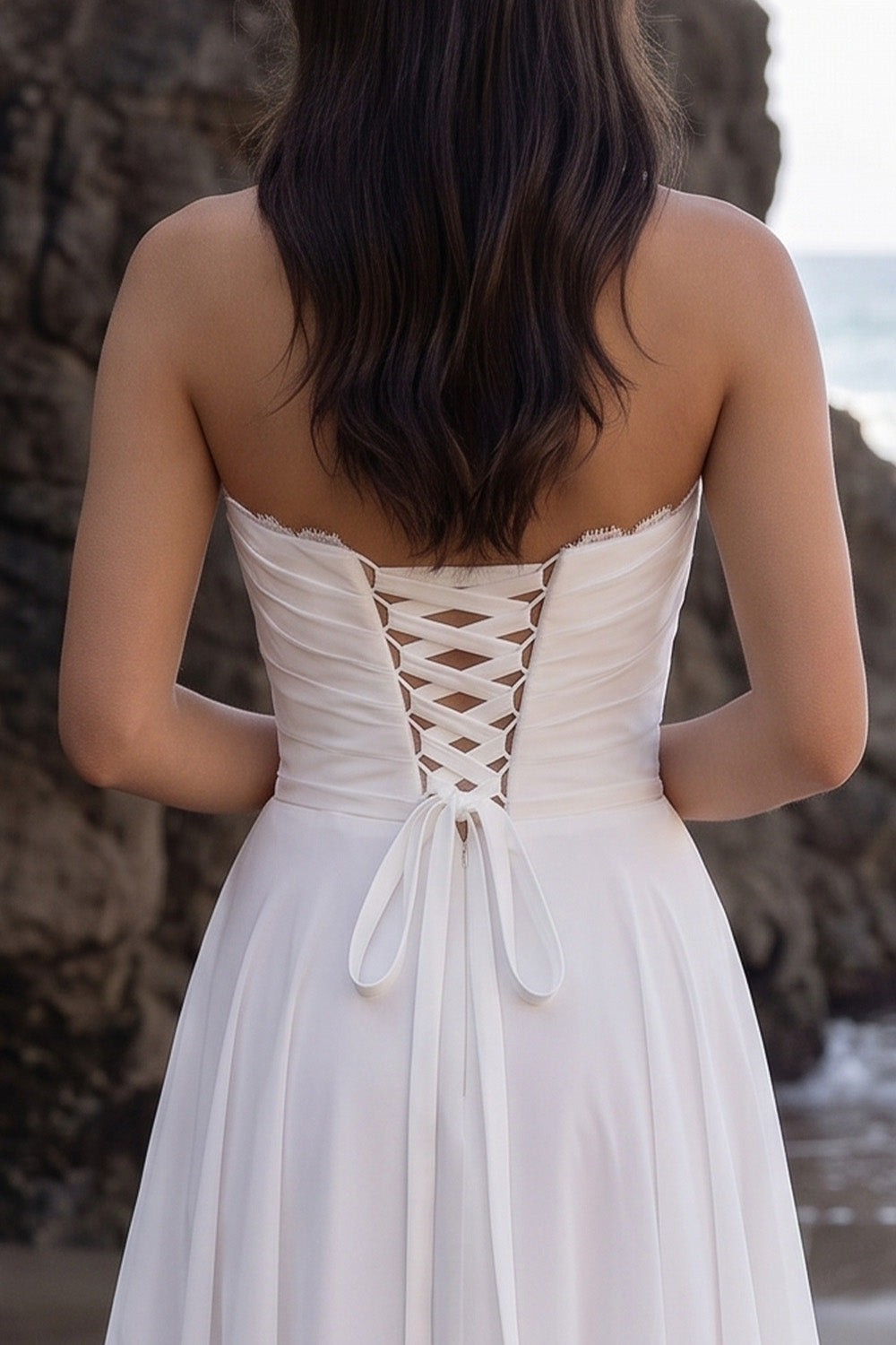 White Chiffon Sweetheart A Line Ruched Long Beach Wedding Dress