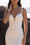 White Satin Corset Mermaid V-Neck Ruched Long Wedding Dress