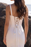 White Satin Corset Mermaid V-Neck Ruched Long Wedding Dress