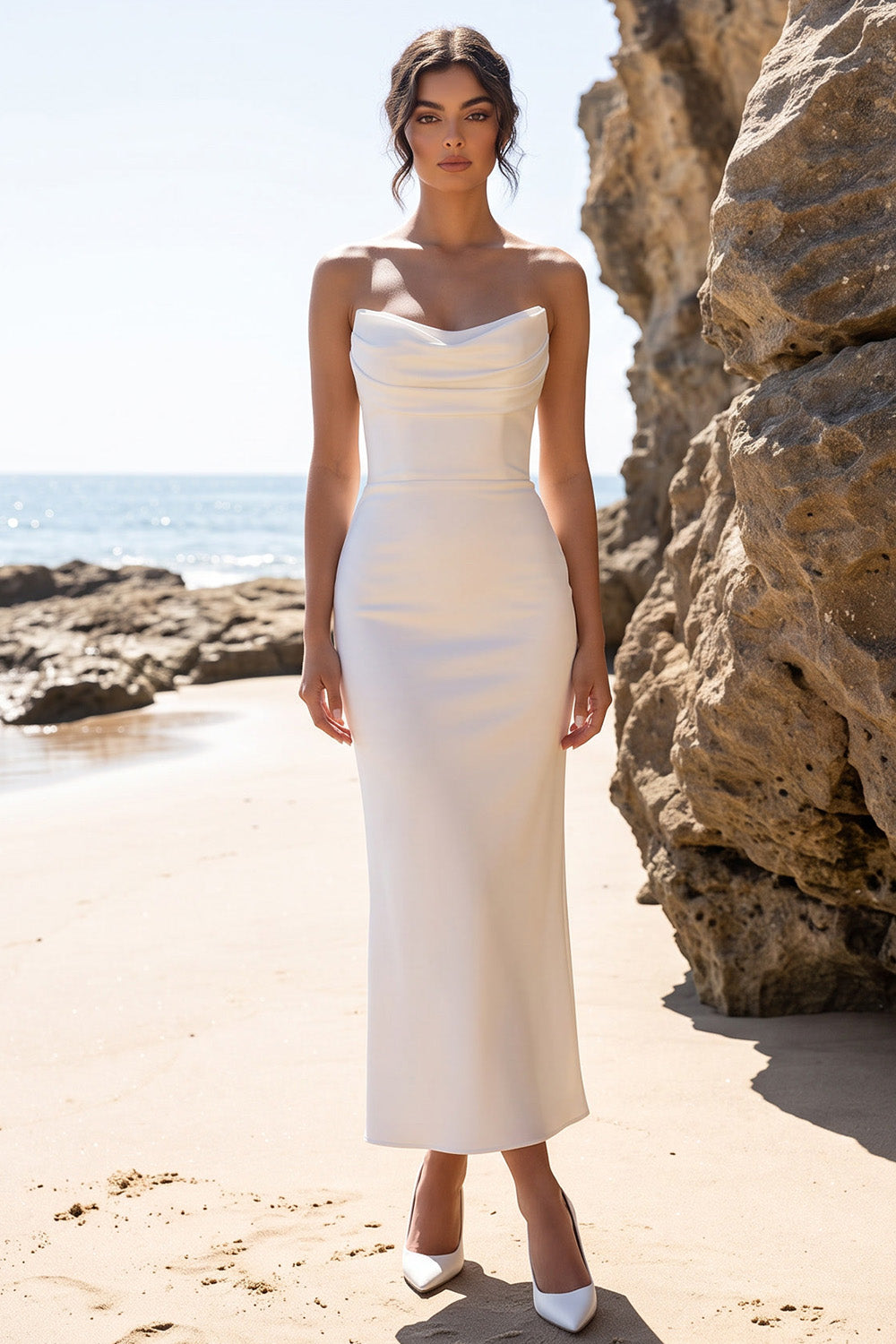 White Sheath Ruched Sweetheart Long Wedding Dress with Slit