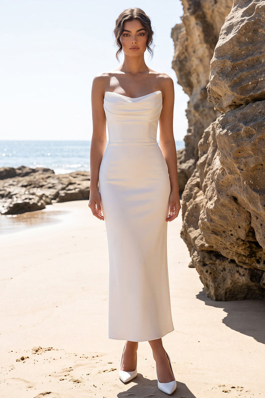 White Sheath Ruched Sweetheart Long Wedding Dress with Slit
