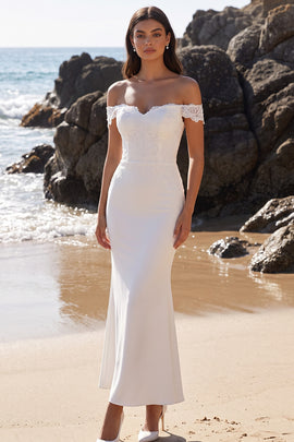 White Mermaid Floral Off the Shoulder Lace Long Wedding Dress