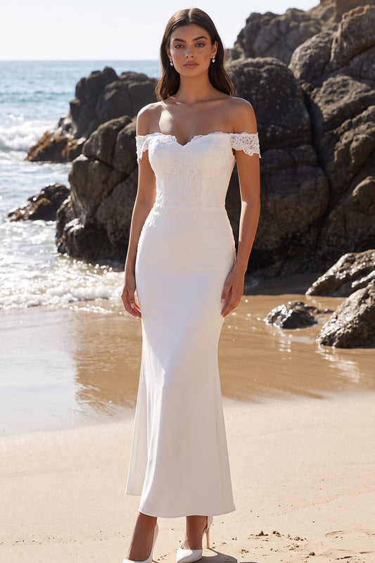 White Mermaid Floral Off the Shoulder Lace Long Wedding Dress