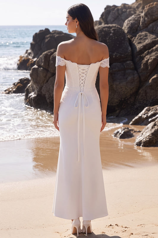 White Mermaid Floral Off the Shoulder Lace Long Wedding Dress