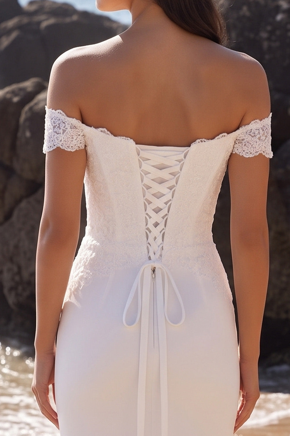 White Mermaid Floral Off the Shoulder Lace Long Wedding Dress