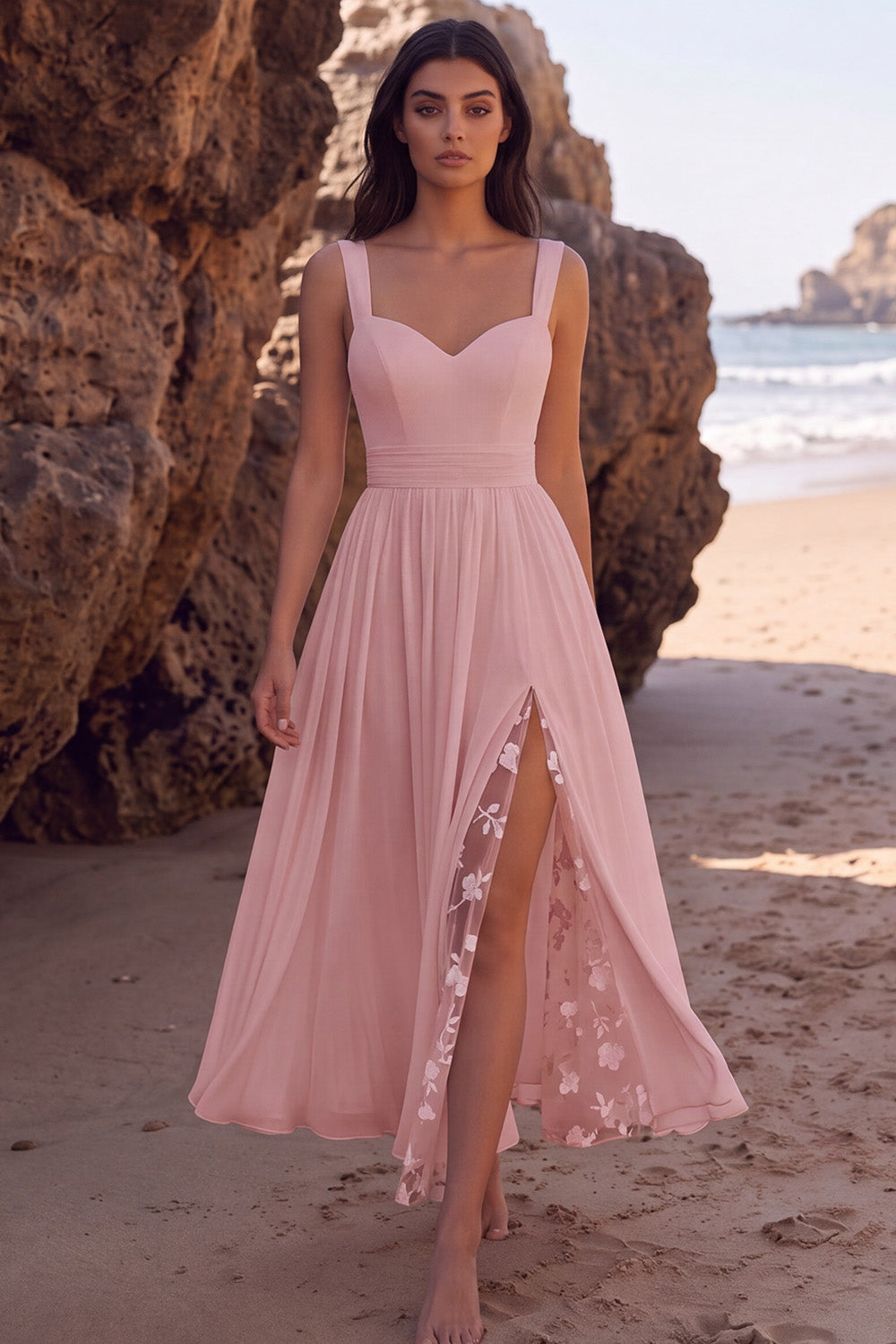 White A-Line Chiffon Ruched Floral Long Beach Wedding Dress with Slit