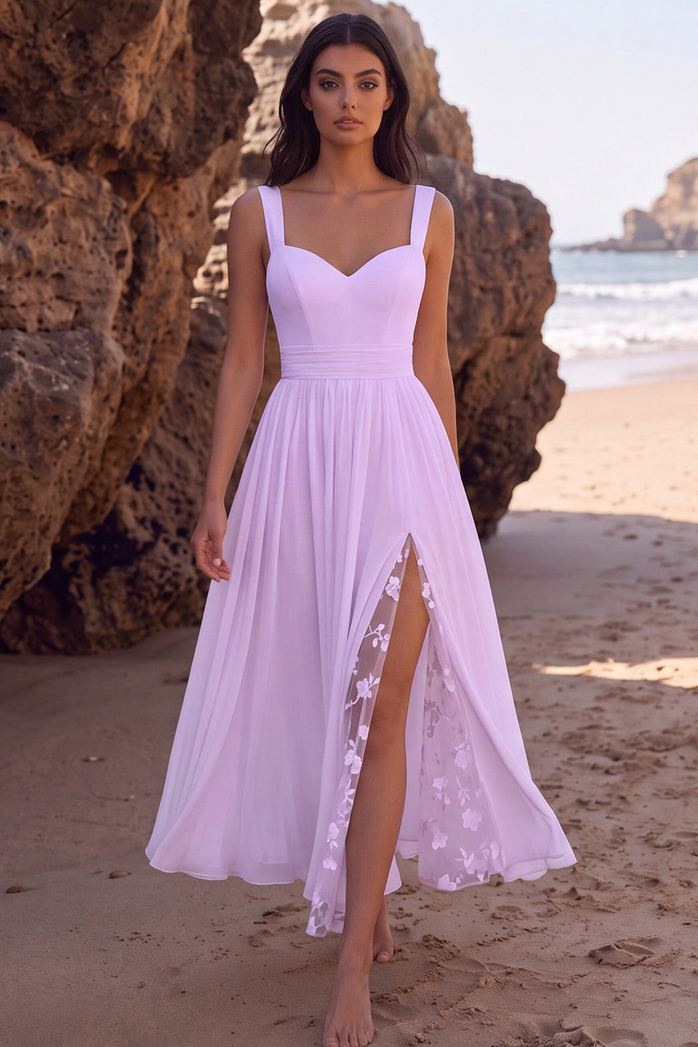 White A-Line Chiffon Ruched Floral Long Beach Wedding Dress with Slit