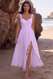 White A-Line Chiffon Ruched Floral Long Beach Wedding Dress with Slit