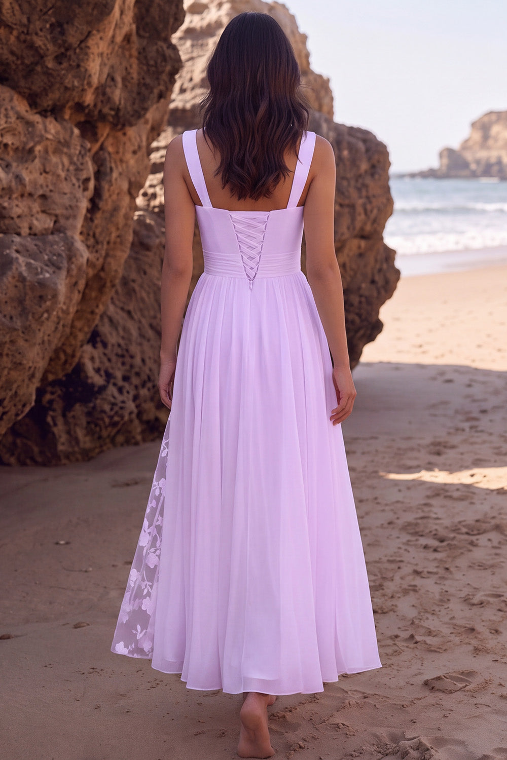 White A-Line Chiffon Ruched Floral Long Beach Wedding Dress with Slit