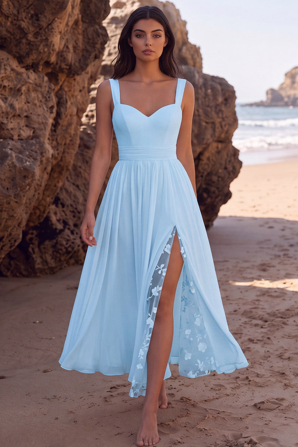 White A-Line Chiffon Ruched Floral Long Beach Wedding Dress with Slit