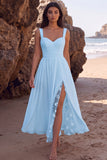 White A-Line Chiffon Ruched Floral Long Beach Wedding Dress with Slit