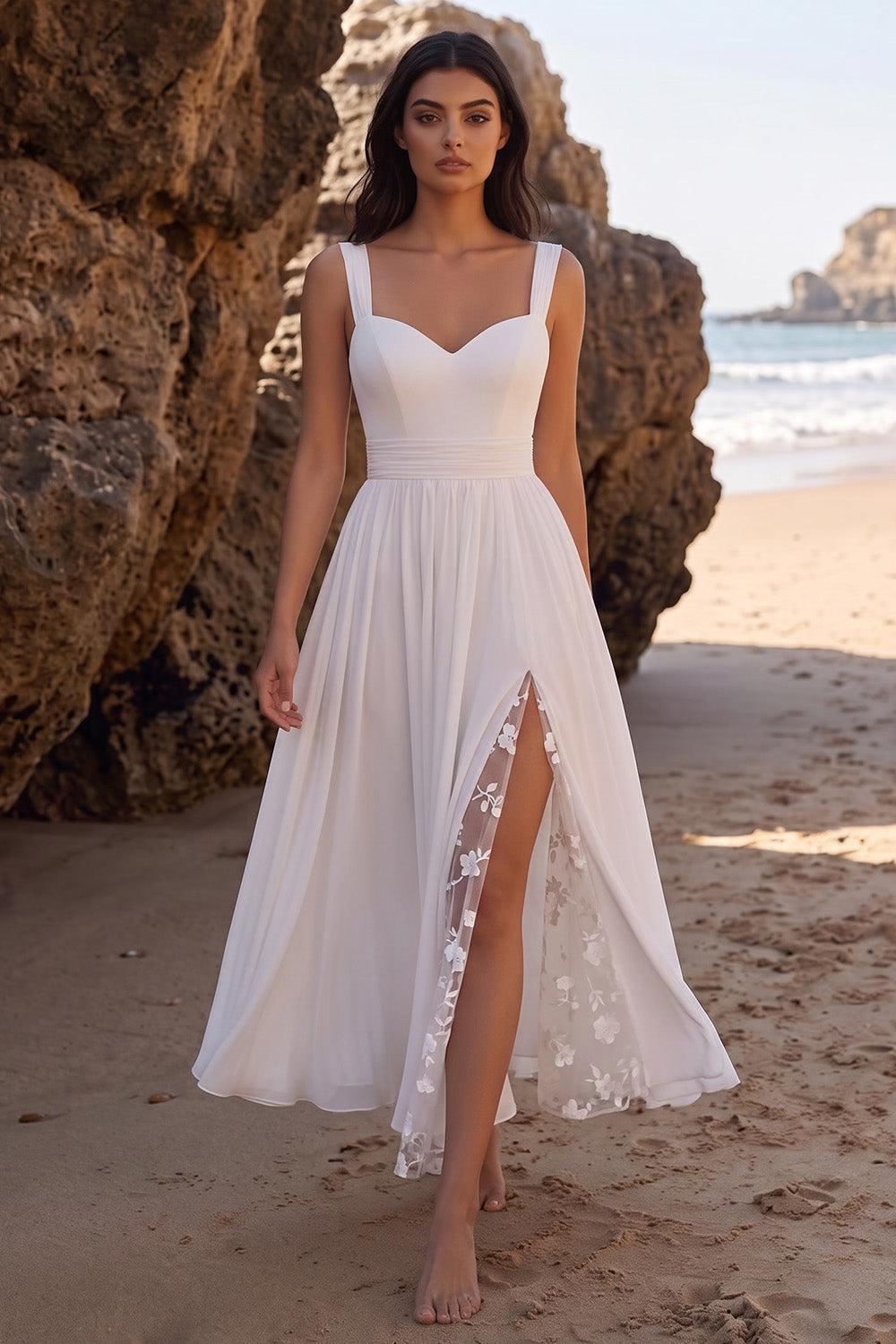 White A-Line Chiffon Ruched Floral Long Beach Wedding Dress with Slit