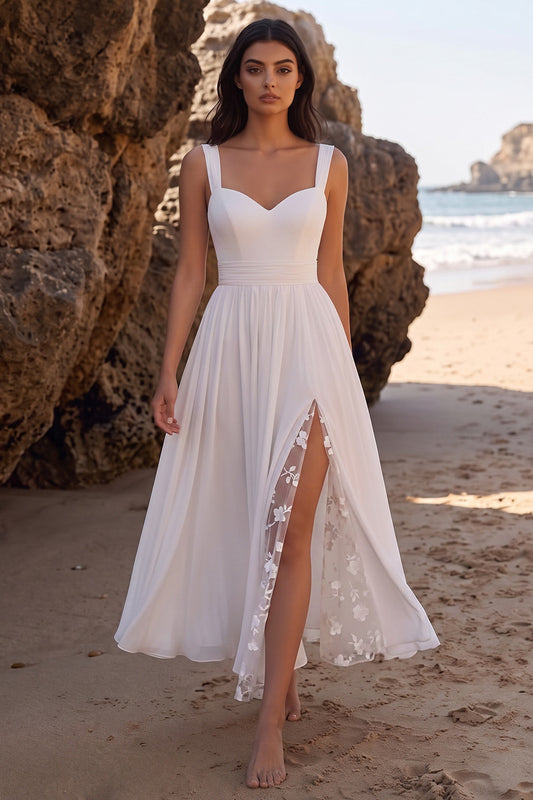 White A-Line Chiffon Ruched Floral Long Beach Wedding Dress with Slit