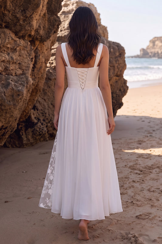White A-Line Chiffon Ruched Floral Long Beach Wedding Dress with Slit