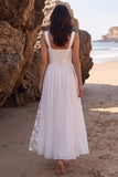 White A-Line Chiffon Ruched Floral Long Beach Wedding Dress with Slit