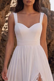 White A-Line Chiffon Ruched Floral Long Beach Wedding Dress with Slit