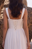 White A-Line Chiffon Ruched Floral Long Beach Wedding Dress with Slit