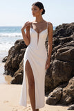 White Corset Sheath Ruched Satin Long Wedding Dress with Slit