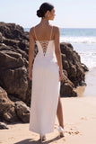 White Corset Sheath Ruched Satin Long Wedding Dress with Slit