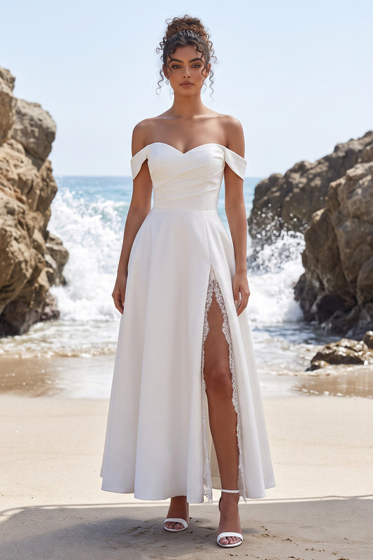 White A-Line Satin Ruched Long Wedding Dress with Slit
