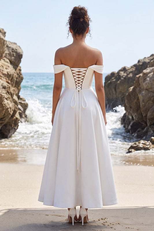 White A-Line Satin Ruched Long Wedding Dress with Slit
