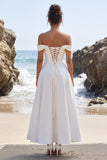 White A-Line Satin Ruched Long Wedding Dress with Slit