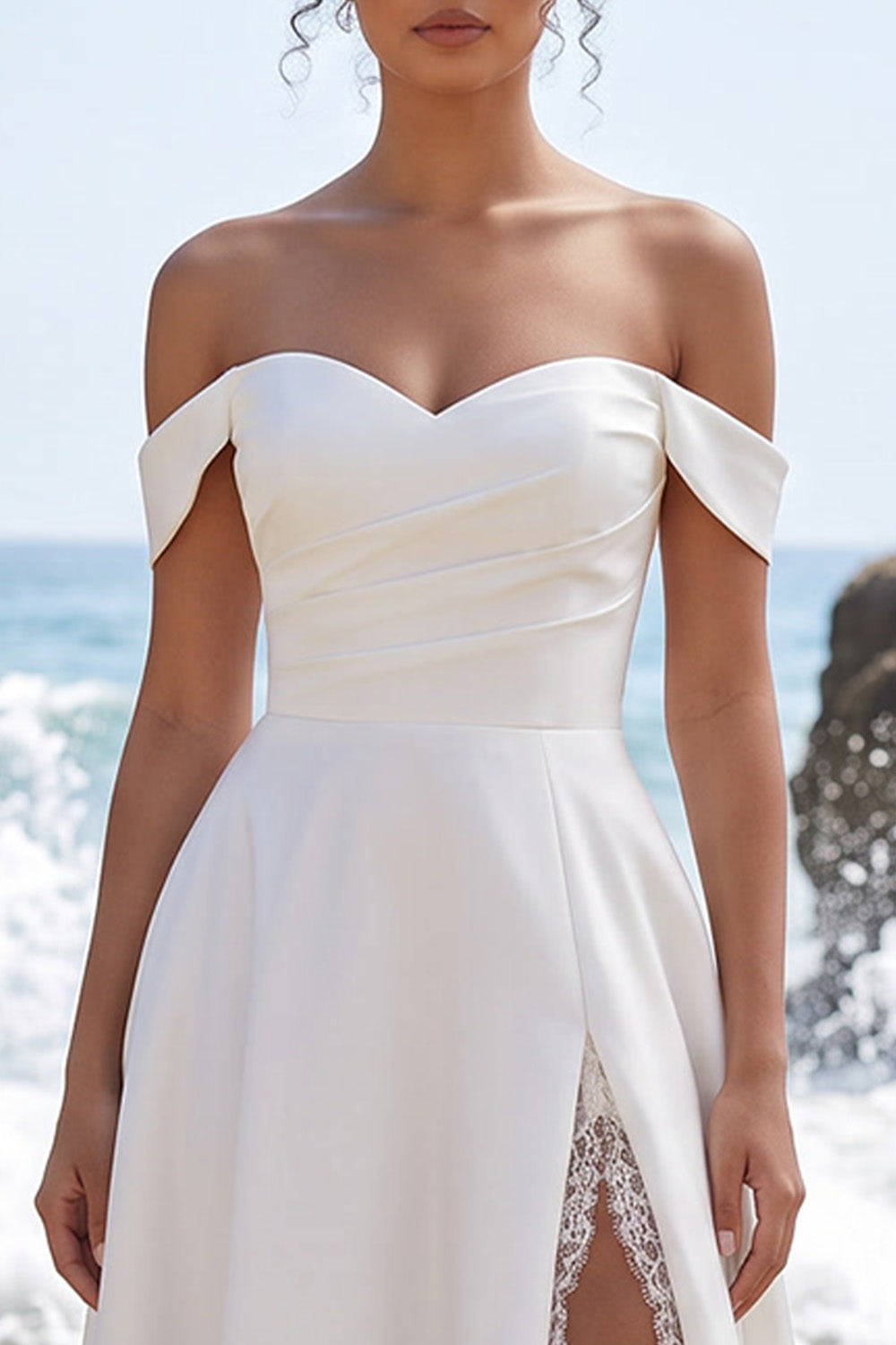 White A-Line Satin Ruched Long Wedding Dress with Slit