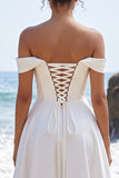 White A-Line Satin Ruched Long Wedding Dress with Slit