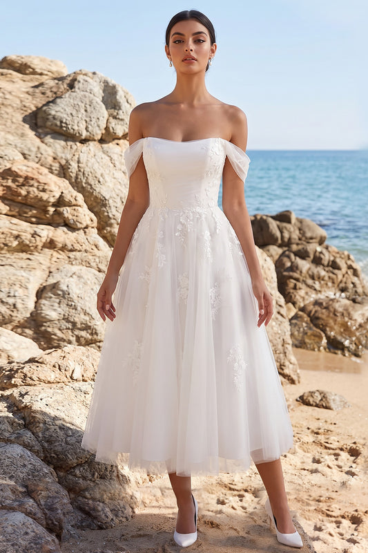 White A-Line Off the Shoulder Floral Tulle Midi Beach Wedding Dress