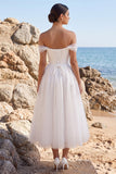 White A-Line Off the Shoulder Floral Tulle Midi Beach Wedding Dress