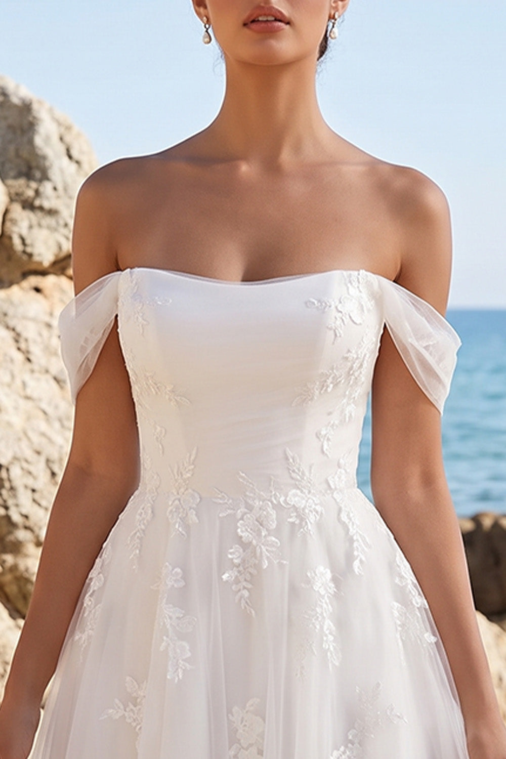 White A-Line Off the Shoulder Floral Tulle Midi Beach Wedding Dress