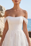 White A-Line Off the Shoulder Floral Tulle Midi Beach Wedding Dress