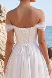 White A-Line Off the Shoulder Floral Tulle Midi Beach Wedding Dress