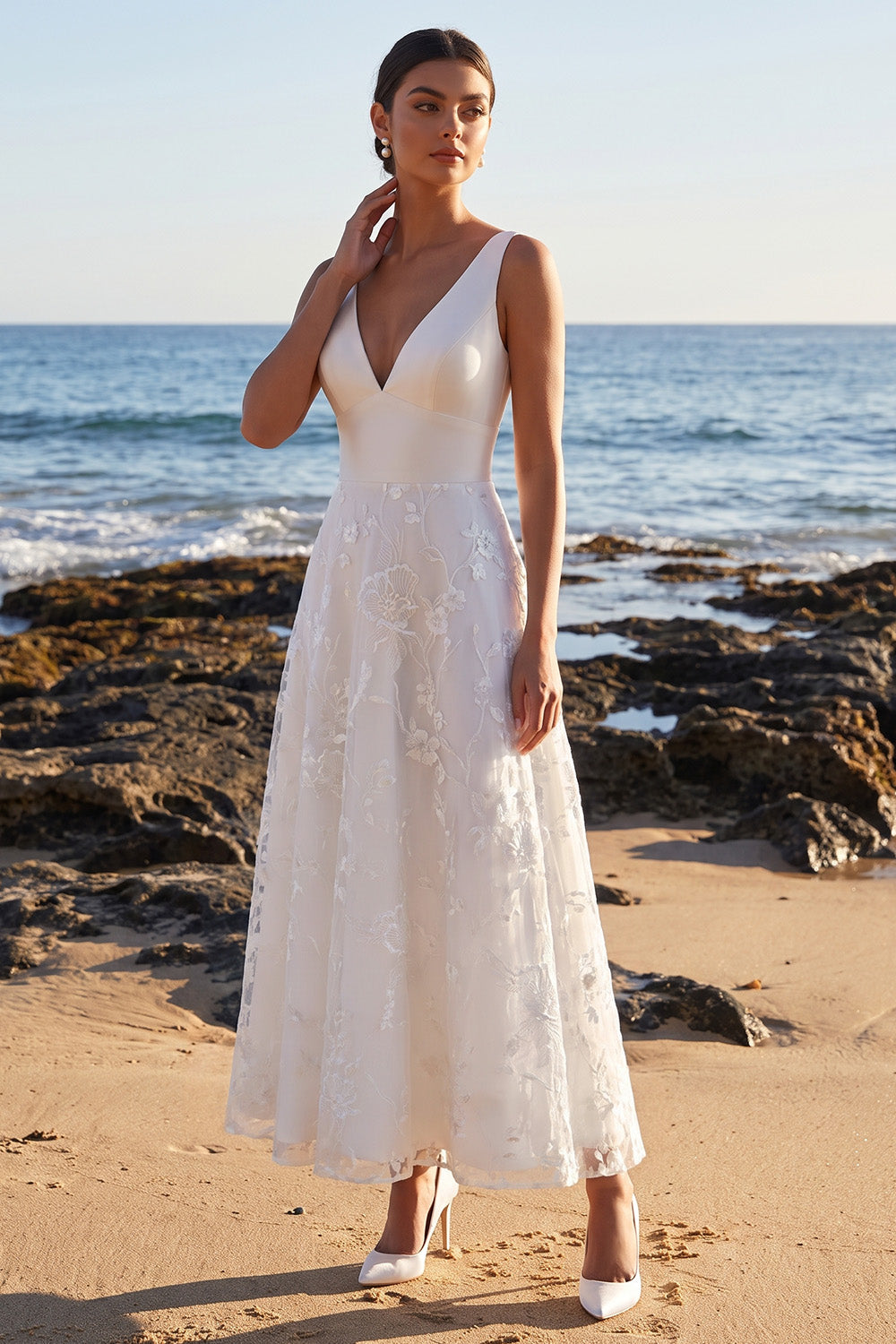 White A-Line V-Neck Floral Lace-Up Back Long Wedding Dress