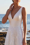 White A-Line V-Neck Floral Lace-Up Back Long Wedding Dress