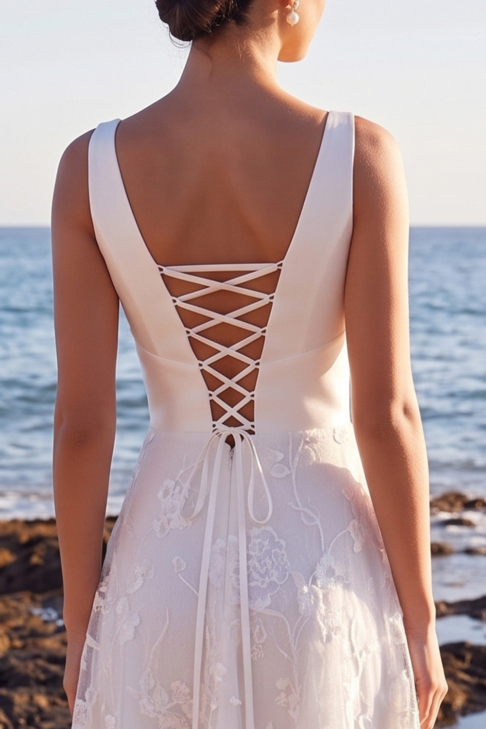White A-Line V-Neck Floral Lace-Up Back Long Wedding Dress