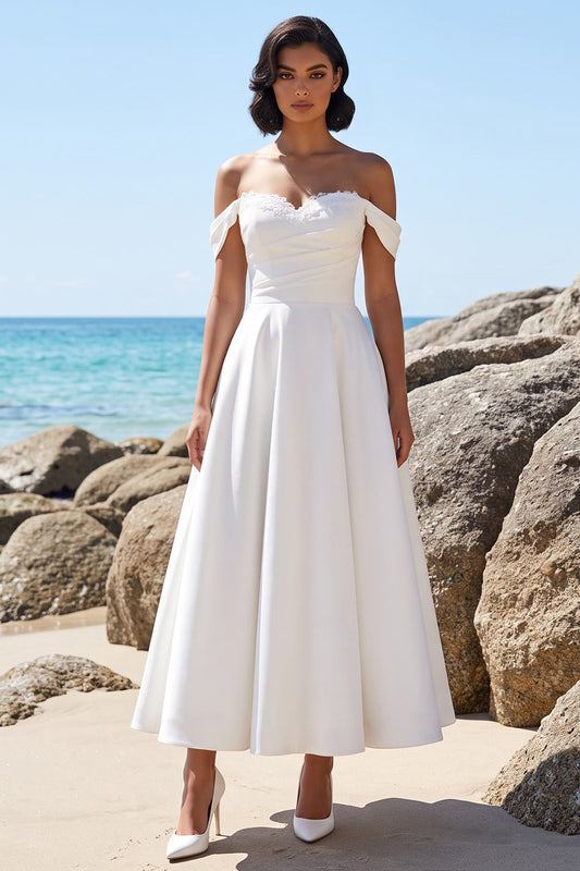 White A-Line Ruched Satin Long Wedding Dress with Lace